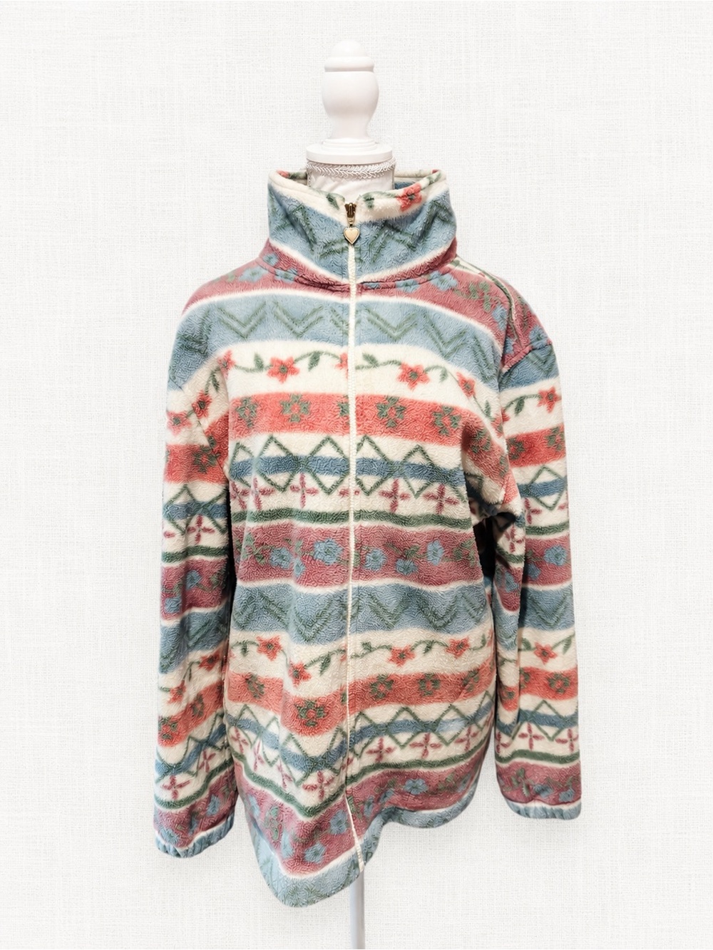 Vintage Tradition Women’s M 12-14 Pastel Floral Aztec Fleece Jacket Heart Zip